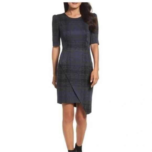 Betsey Johnson Black Blue Plaid Asymmetrical Career Chic Dress Women’s Size 6 - Picture 1 of 12